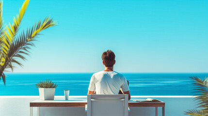 Freelance job concept. rear view of man freelancer working at the desk in front of blue sea in tropical country.