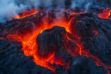 Fiery mountain top of an erupting volcano crater, with intense scorching heat from smoking red hot burning lava flow. Breathtaking aerial view of a volcanic eruption, spewing raging flaming magma.