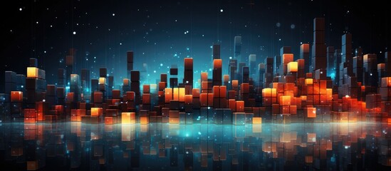 Vibrant Futuristic City Skyline Reflected in Glowing Waterfront at Night Colorful Pixel Inspired 3D Cityscape - obrazy, fototapety, plakaty