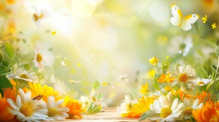 spring flowers and butterflies, spring banner copy space 