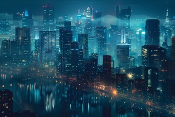 Fototapeta na wymiar The city skyline glows with lights against the dark night sky, creating a striking urban vista