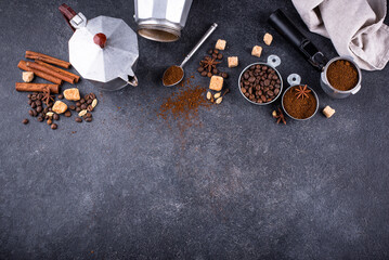 Grounded coffee, beans, coffe maker and spicces