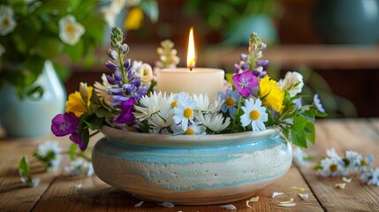 Obraz na płótnie Canvas Serene candle centerpiece surrounded by fresh spring flowers