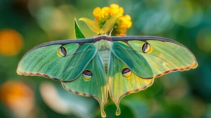 Vibrant green moth with eye patterns on wings perched on leaf