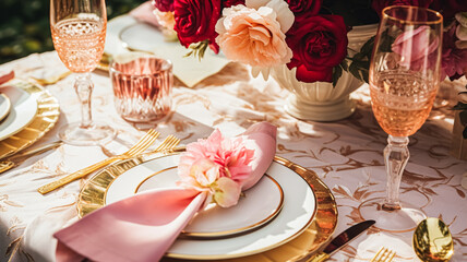 Fototapeta premium Wedding and event celebration tablescape with flowers, formal dinner table setting with roses and wine, elegant floral table decor for dinner party and holiday decoration, home styling