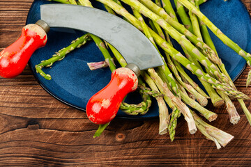 Fresh asparagus on wooden background - 784574208