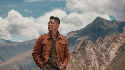 Naklejka premium Rugged Man in Leather Jacket Contemplating Mountainous Terrain