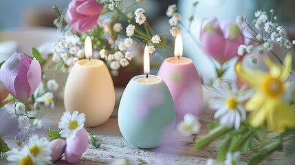 Obraz na płótnie Canvas Serene pastel candles surrounded by spring flowers