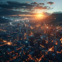 City lights illuminate the urban landscape below in this aerial view of a city at night