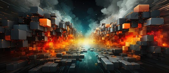 Intense Futuristic Cityscape with Fiery Explosion and Smoke Filled Apocalyptic Atmosphere - obrazy, fototapety, plakaty