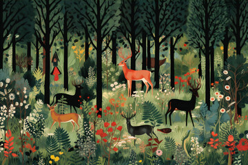 illustration painting forest in autumn with trees and wildlife in river lake with deer in a landscape	