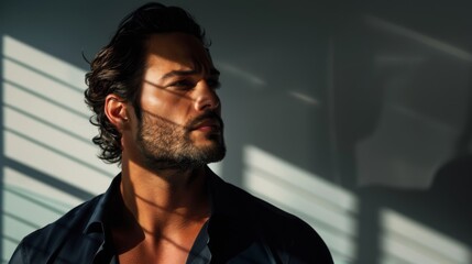 Handsome Man with Stubble in Dramatic Lighting and Shadow