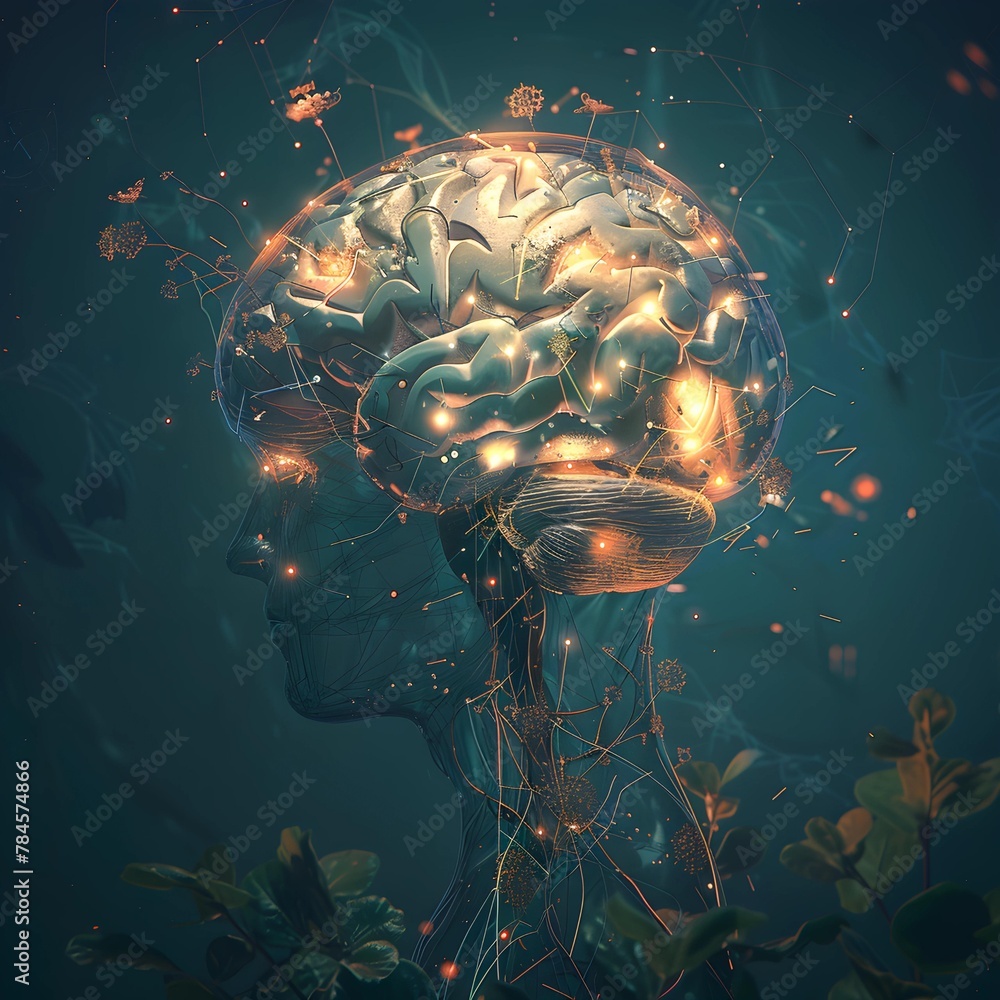 Poster a conceptual image featuring a human silhouette with a transparent head revealing a luminous brain n