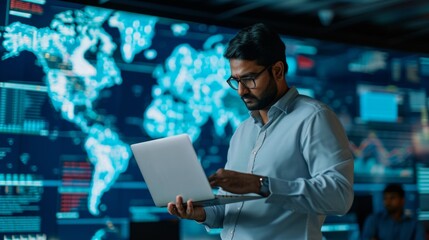 Indian Male Product Distribution Expert Holding Laptop Computer, Analyzing World Map On Big Digital Screen In Monitoring Office. Successful Man Looking For Efficient Routes For International Delivery