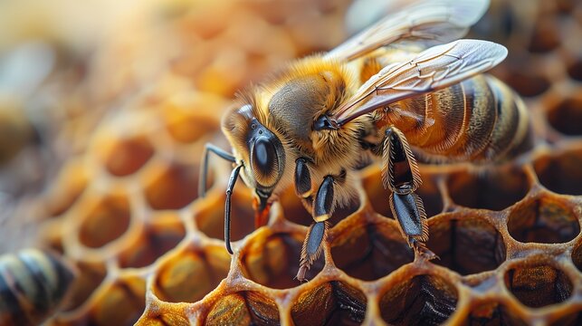 Close up of a bee pollinating a honeycomb in a beehive