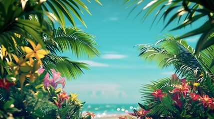 Fototapeta na wymiar Tropical Paradise Beach View through Lush Foliage