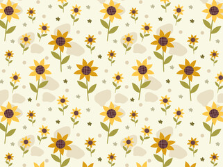 Seamless pattern with sunflowers on black background. Summer autumn flower background.Thanksgiving day. Hand drawn Flat cartoon vector illustration.