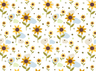 Seamless pattern with sunflowers on black background. Summer autumn flower background. Thanksgiving day. Hand drawn Flat cartoon vector illustration.