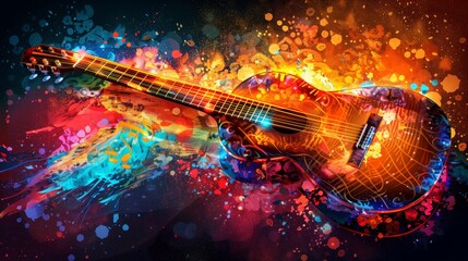 Artistic Splash Vibrant Guitar Illustration - obrazy, fototapety, plakaty