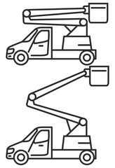 Bucket truck line icon.Bucket boom truck side view.Aerial platform.Crane truck with basket.Bucket boom truck.Picker high lift platform.Vector outline illustration.Isolated on white background.