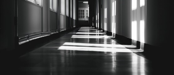 Pacing footsteps in an empty hallway, shadowy, conveying anxiety - obrazy, fototapety, plakaty