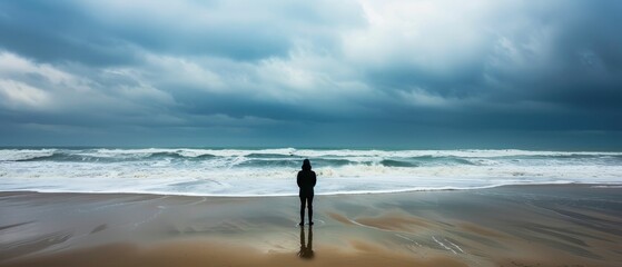 Person standing on a beach looking at stormy seas, metaphor for inner turmoil - obrazy, fototapety, plakaty