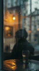 Raindrenched window, blurred figure of a stressed person inside, moody