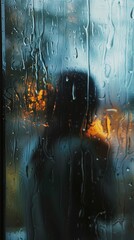 Raindrenched window, blurred figure of a stressed person inside, moody
