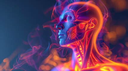 An illustration of a human head and neck with a glowing blue brain and red veins on a dark blue background. - obrazy, fototapety, plakaty