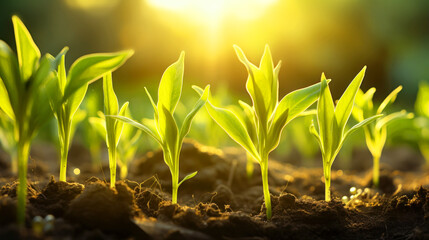 Corn plants growing in the field in sunlight