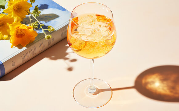 Summer cocktail with book and flowers in sunlight - Powered by Adobe