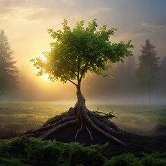 Embrace new beginnings as a young tree rises from an old stump, bathed in dawn's glow, symbolizing hope and renewal.