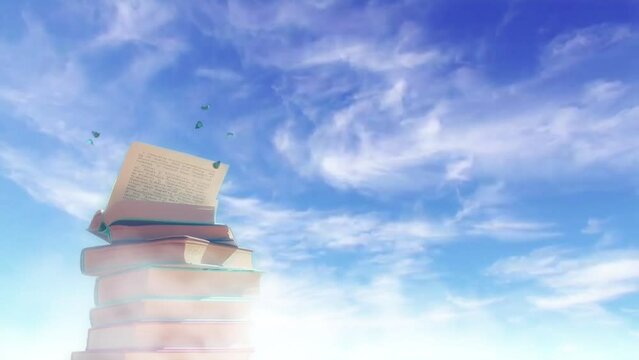stack of books with the blue sky background. World Book Day.