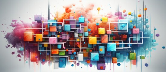 Vibrant Pixelated Geometric Abstract Artwork with Colorful Cubes Prisms and Mosaic Patterns Representing a Futuristic Digital Design - obrazy, fototapety, plakaty