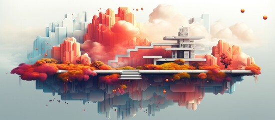 Captivating Futuristic Floating City Landscape with Vibrant Surreal Sunset Reflection - obrazy, fototapety, plakaty