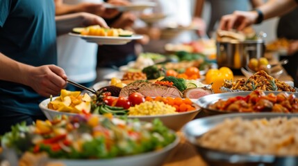 People group catering buffet food indoor in restaurant with meat colorful fruits and vegetables - obrazy, fototapety, plakaty