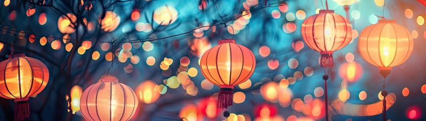 Festival of lanterns with glowing colors in the night sky - obrazy, fototapety, plakaty