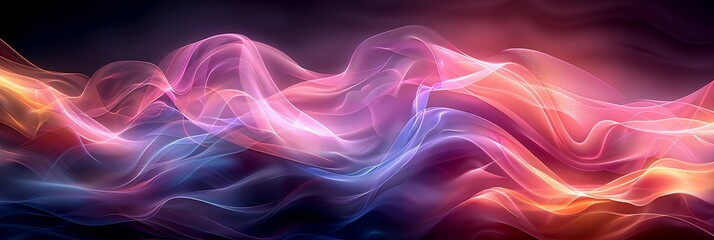 Abstract, intersecting arcs of light, makro, vivid tones of green and pink purple black, on a backdrop of swirling pastels, silky and smooth surface, minimalistic design, high detail, 3:1 - obrazy, fototapety, plakaty