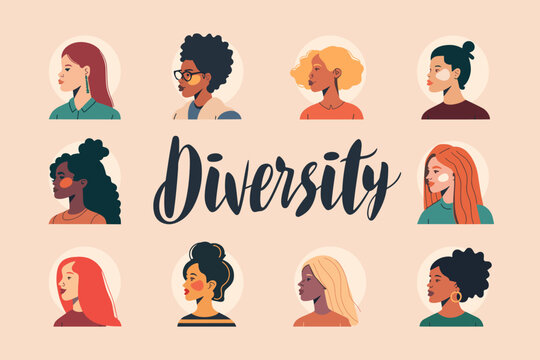 Inscription Diversity surrounded by women of different races and nationalities. Feminism, diversity; female movement, women empowerment concept.