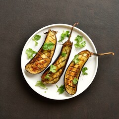 Grilled eggplant (aubergine). Top view, flat lay