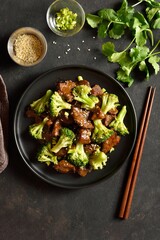 Beef with broccoli in asian stylei. Top view, flat lay