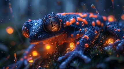 A terrestrial animal with gas glowing eyes, a frog on a rock - obrazy, fototapety, plakaty