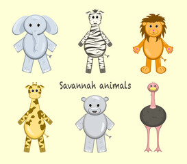 Savannah animals set of 6 cute animals, elephant, giraffe, ostrich, hippopotamus, zebra and lion