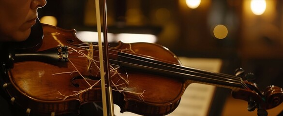 A violinists frayed bow strings against the backdrop of a dimly lit stage, symbolizing the tension before a performance
