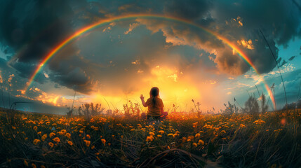  Child in Wildflower Meadow Admiring Sunset Rainbow, Serene Nature Magic