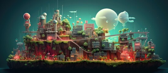 Vibrant Floating Island City Landscape in Futuristic Digital Graphic