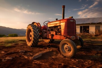 Obraz premium Old red tractor on the field in front of an old farm house