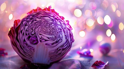 Obraz premium Cross-section of red cabbage revealing intricate purple and white patterns against a blurred pink bokeh background for healthy eating campaigns.