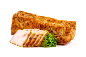 Homemade smoked pork fat with spices, isolated on white background.