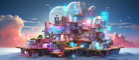 Futuristic Floating Digital City Metropolis with Colorful Architectural Structures and Skyline against Dramatic Sky